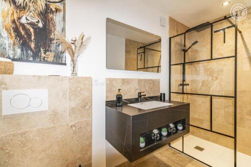 a bathroom with a sink and a mirror at Romy in Aillon-le-Jeune