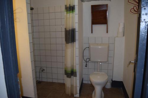 a bathroom with a toilet and a shower curtain at Klein-kronenburg Bakkershuisje in Paramaribo