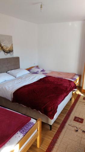 a bedroom with a bed with a red blanket at Apartman M in Trebinje