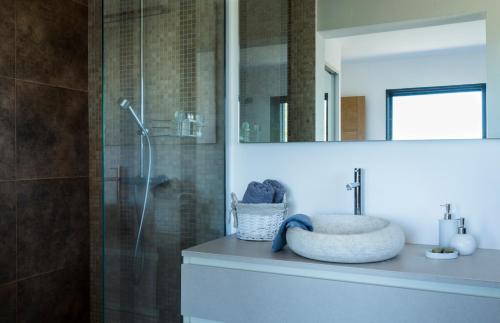 un bagno con lavandino e doccia di Villa Alzitella a Sotta