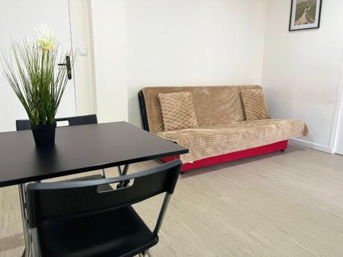 Appartements & Spa Orly Paris في فيلنوف سان جورج: غرفة معيشة بها طاولة وأريكة