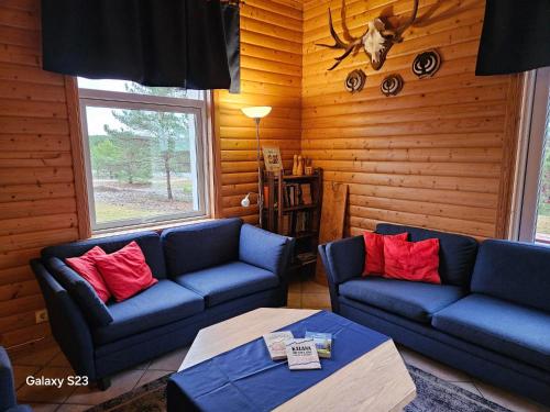 salon z niebieskimi kanapami i czerwonymi poduszkami w obiekcie Kaluri Guesthouse w mieście Kalana