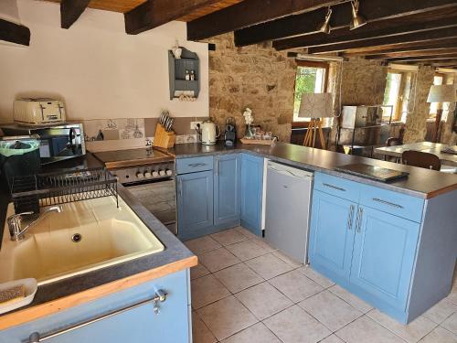 een grote keuken met blauwe kasten en een wastafel bij Le Cosy - Domaine du Vertendre in Saint-Yrieix-la-Perche