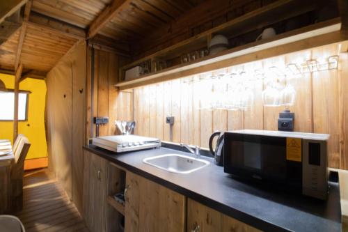 Grand-Village-PlageCamping Les Pins d'Oléron的厨房配有水槽和台面上的微波炉