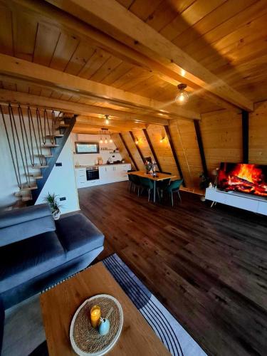 Nest for Rest في Vraneša: غرفة معيشة كبيرة مع أريكة ومدفأة