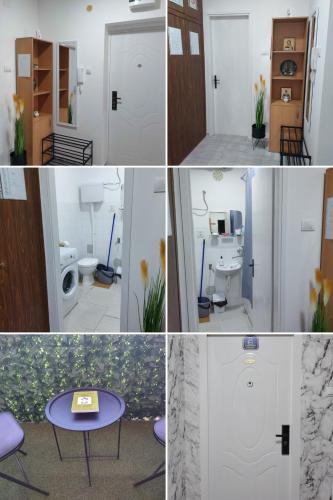 a collage of four pictures of a room with a table at Aleksej in Irig