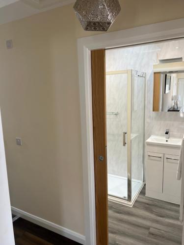 a bathroom with a shower and a sink at Canal View Cottage in Winchburgh