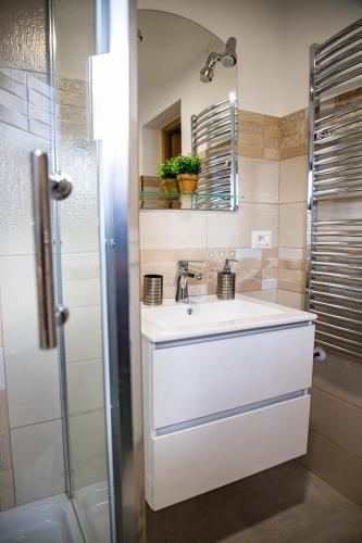a white bathroom with a sink and a shower at FLH - Trofeul Cerbului in Negrileşti