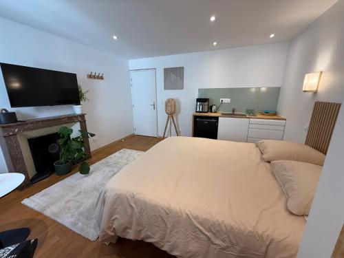 a bedroom with a large bed and a fireplace at Suite 2- La Petite Auberge in Langres