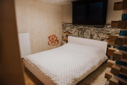 a bedroom with a bed and a tv on the wall at Handmade semi basement in Ioannina