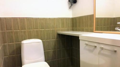 un bagno con un water, un lavandino e uno specchio di Vuokatin Lomakämpät a Sotkamo