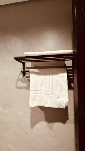 欧拉Quiet Night Hotel的浴室内带白色毛巾的毛巾架