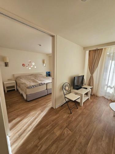 a bedroom with a bed and a chair and a mirror at Sunlit Forest Suite in Borovets