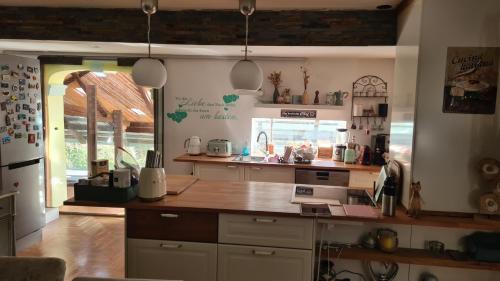 una cucina con piano di lavoro in una camera di Spacious 4-Bedroom LOFT a Katzbach