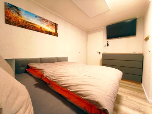 a bedroom with a bed and a flat screen tv at Bungalow Am Schlosswald-Infrarotsauna, Klimaanlage&Terrasse - Wernigerode Harz in Wernigerode