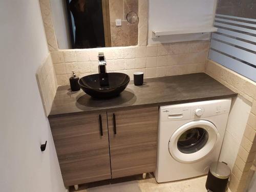 Appartement cosy au cœur de la Provence في جرافيزون: حمام مع مغسلة وغسالة ملابس