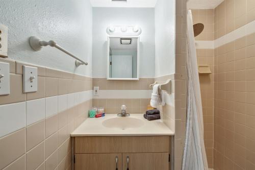 a bathroom with a sink and a mirror at Cozy Oasis Screened Pool Picturesque Water Canal Views! in Port Richey