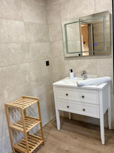 a bathroom with a white sink and a mirror at Chalets Capucine ou Clochette 5P - SPA Privatif in Rochesson