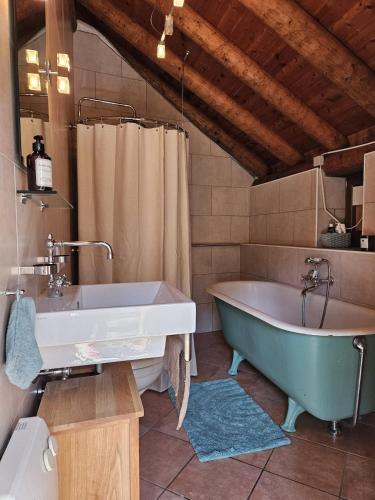 a large bathroom with a tub and a sink at Casa Mönä in Corippo