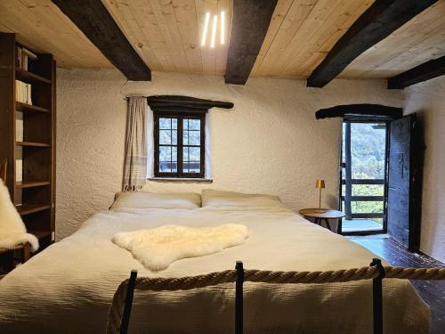a bedroom with a large bed with a rope around it at Casa Mönä in Corippo