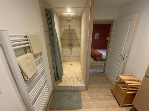 Un pasillo con ducha a ras de suelo en una habitación. en Chambre- Indépendant et Autonome, en Santilly