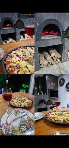 a collage of photos of a pizza being cooked in an oven at Lugar Aconchegante 3 in Palhoça