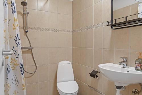 um banheiro com vaso sanitário e pia em Naturskønt nær Ribe Vikingecenter, se og oplev den gamle by Ribe em Ribe