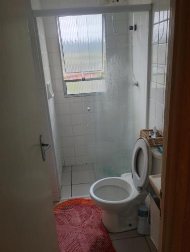 a small bathroom with a toilet and a window at Apartamento Recanto dos pássaros in Peruíbe