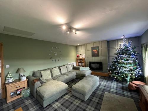 a living room with a couch and a christmas tree at White Side Cottage in Haltwhistle