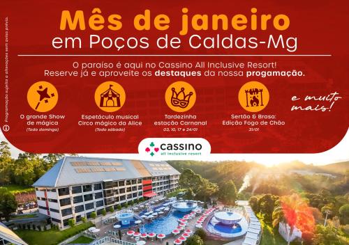 Un cartel de un complejo turístico con la imagen de un edificio. en Cassino All Inclusive Resort Poços de Caldas By Nacional Inn, en Poços de Caldas