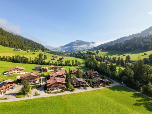 Een luchtfoto van een resort in een groene vallei. bij Apartment Farfalla by Interhome in Gstaad