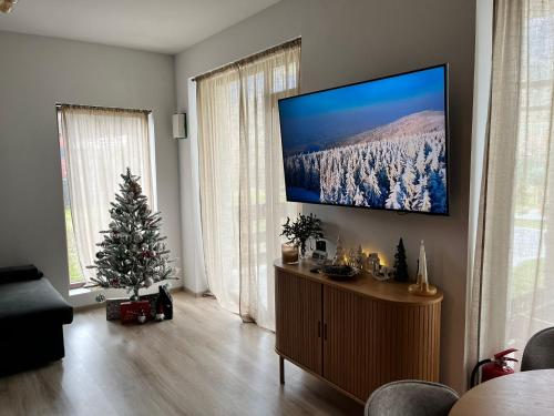 een woonkamer met een kerstboom en een flatscreen-tv bij Mountain Place to Remember - River & Barbecue in Buşteni