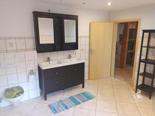 Großes Haus bei Rostock Lüsewitzer Krug bis 10 Personen في Klein Lüsewitz: حمام مزود بحوض ومِرآة