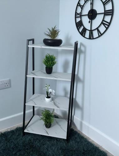 a black and white shelf with potted plants and a clock at Central 2BR Home with Parking near Ferry in Dover