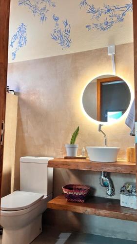 a bathroom with a toilet and a sink and a mirror at Casa Beira rio Caraíva in Porto Seguro