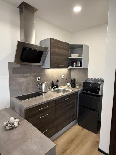 Кухня или мини-кухня в Plně vybavený krásný apartmán 1kk s balkonem, výhledem
