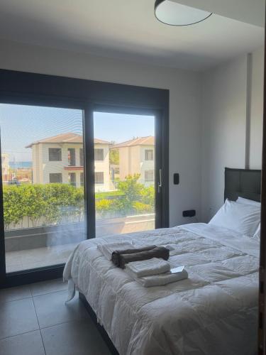 a bedroom with a large bed and a large window at Luxury Villa Plaka Litochorou with Pool in Plaka Litochorou