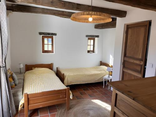 ein Schlafzimmer mit zwei Betten in einem Zimmer mit Holzdecken in der Unterkunft Mas En Pierre in Vercoiran