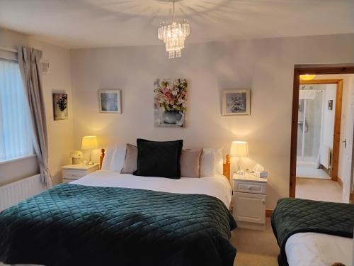 a bedroom with a large bed and a chandelier at Hawthorn Lodge in Belturbet
