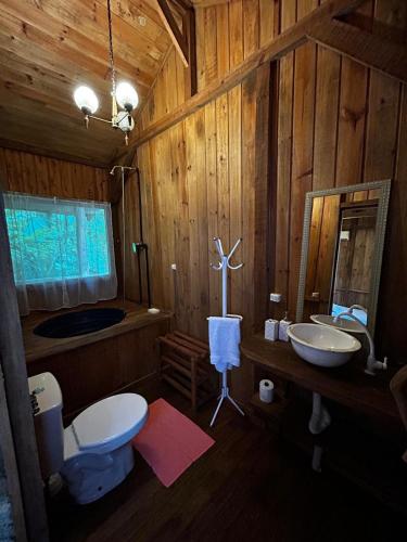 a wooden bathroom with a toilet and a sink at Pousada Quintal Verde in Guabiruba