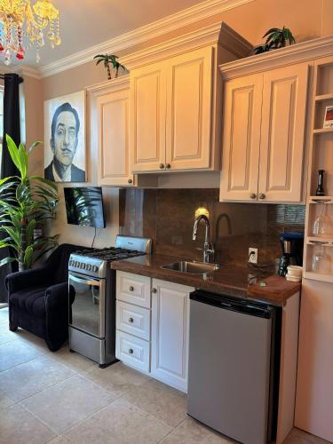 a kitchen with white cabinets and a sink at Caye Caulker Boutique Guesthouse 3 in Caye Caulker