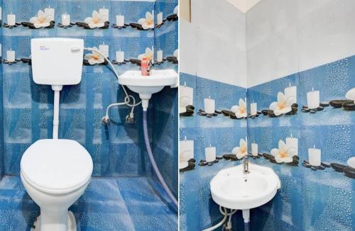 Dos imágenes de un baño con inodoro y lavabo. en Royal inn, en Patna