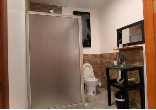 プエルトアヨラにあるAkasha Galápagosのシャワーとトイレ付きのバスルーム