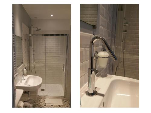 two pictures of a bathroom with a sink and a tub at La Sauternaise, luxury Boutique B&B in Sauternes