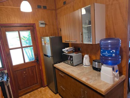 ハンガ・ロアにあるCabanas Hatutiniの冷蔵庫付きのカウンタートップのあるキッチン