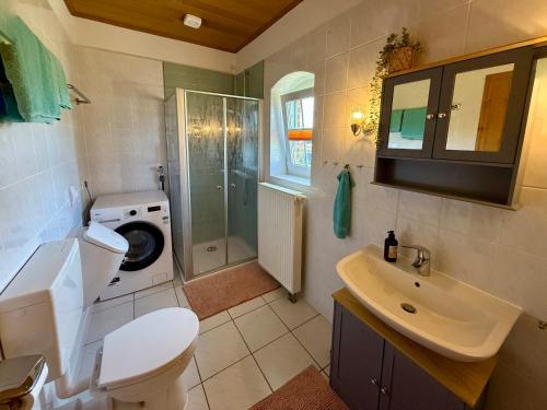 a bathroom with a toilet and a sink and a shower at Meerzeit 6 in Hohenkirchen