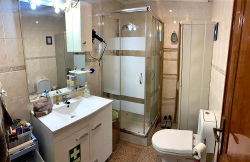 een badkamer met douche, wastafel en toilet bij Shell's Apartment in Praia do Carvoeiro