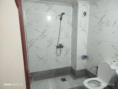 a bathroom with a shower and a toilet at App luxe riad zitoune in Meknès