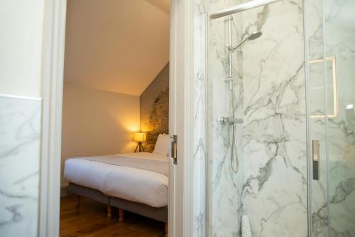 een badkamer met een douche en een bed in een kamer bij Gelli Genlas Aberaeron in Synod