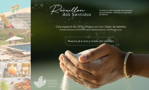 a flyer for a restaurant with a hand praying at Hotel Boutique & Spa Ponta de Inhambupe by Slaviero Hotéis in Baixio